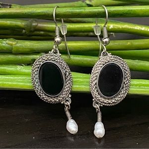 Sterling Silver 925 Made in Israel Black Onyx Dangling Rice Pearl Drop Earrings